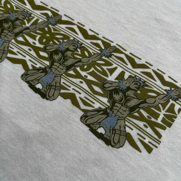 Vintage Hawaiian Fishermen Graphic Polo Shirt Gray Short Sleeve Sz M / L  Tribal - Picture 3 of 10